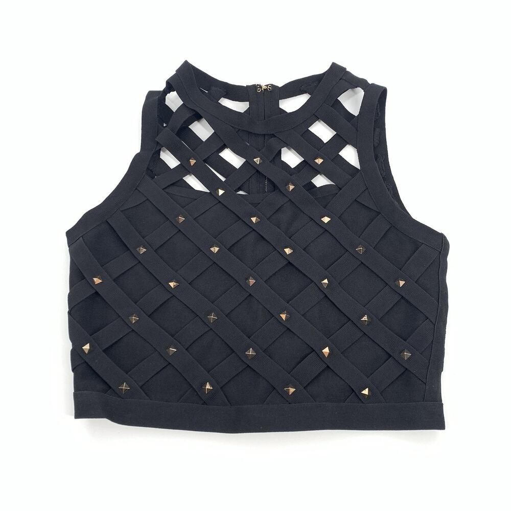 $119 Bebe Mira Cage Bandage Studded Crop Top Size Large Womens Black Gold L